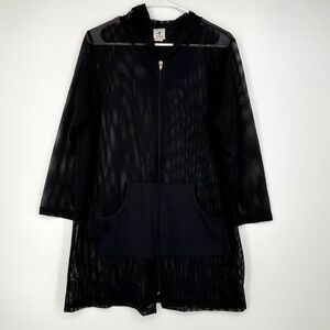 Dream Beach Womens Large Zip Front Swim Suit Beach Cover Up Black Mesh Hooded LS